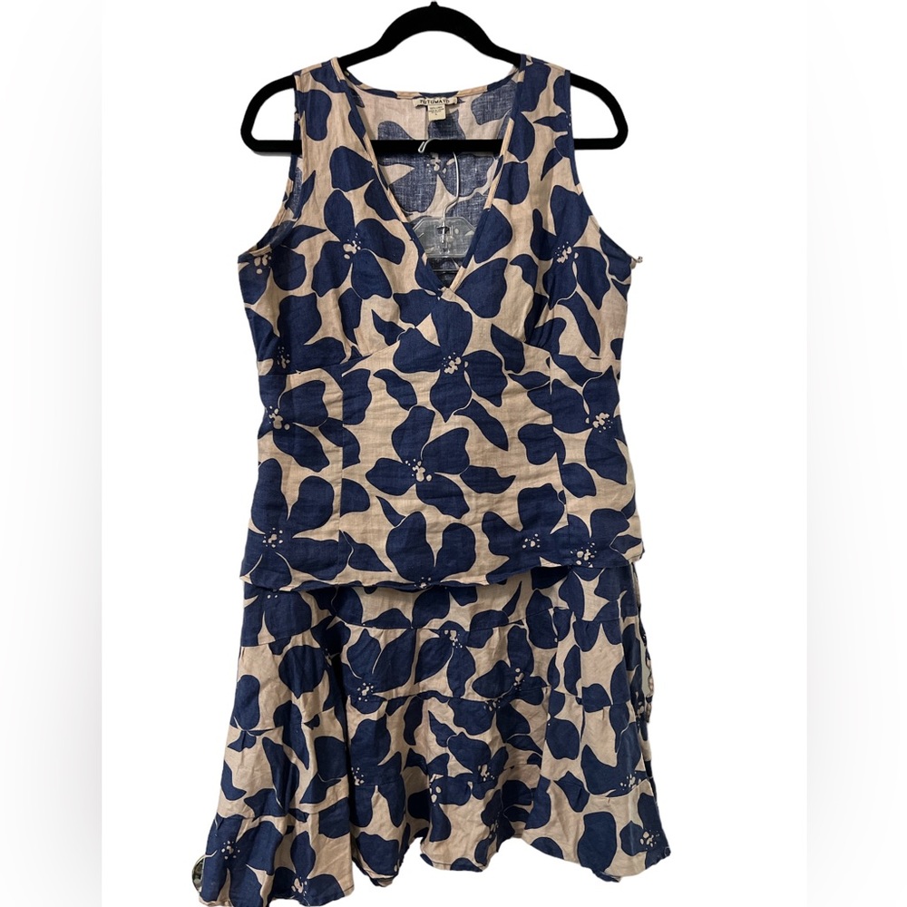 Vintage Putumayo Linen Top and Skirt Set, Beige and Navy Blue floral Zip Closure
